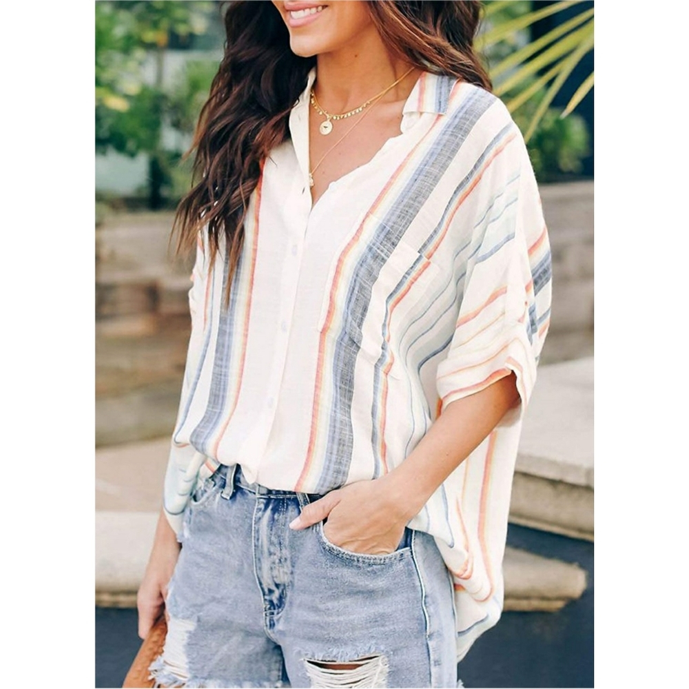 Casual Stripped Button Down Collar Blouse Shirt